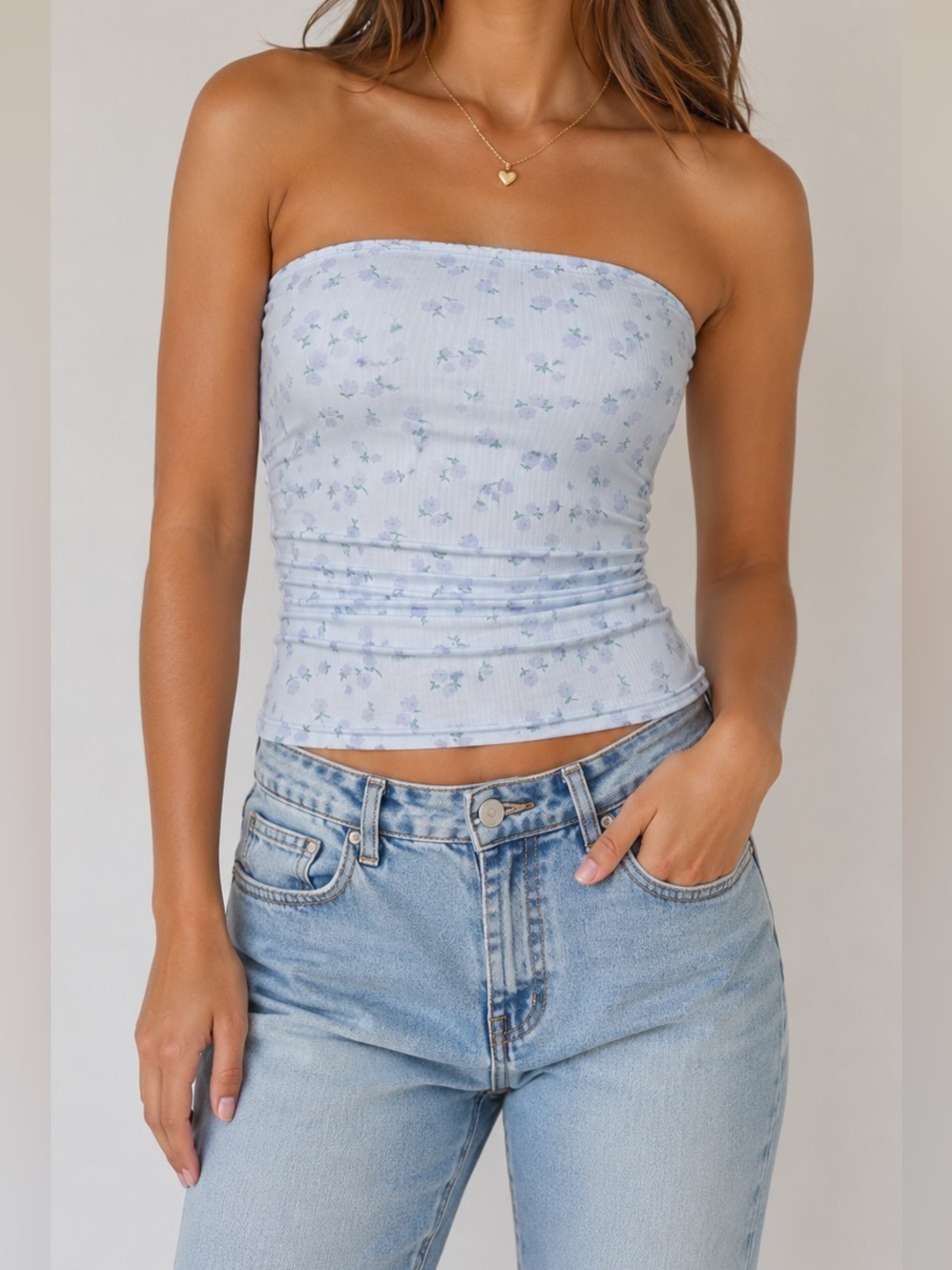 ROMWE Light Blue Floral Strapless Ribbed Tube Top